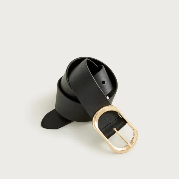Oval buckle belt in leather and faux raffia