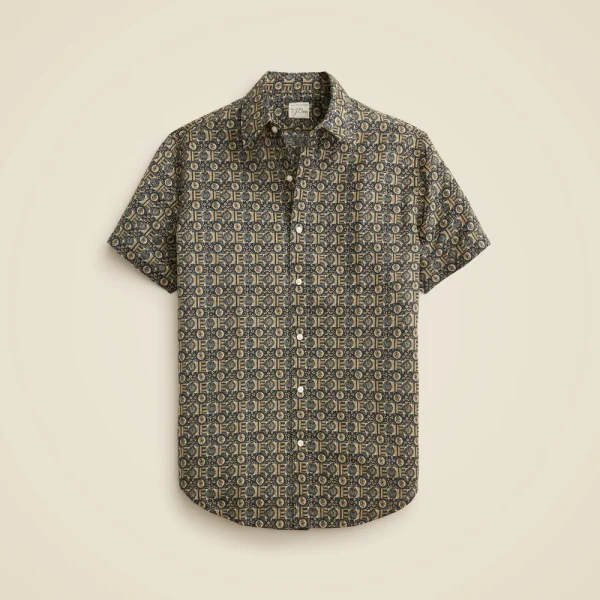 Short-sleeve slub cotton-linen blend camp-collar shirt in print