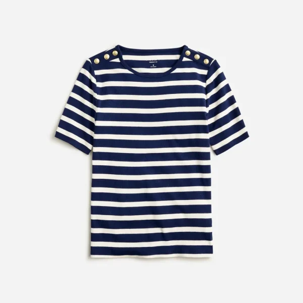 Perfect-fit elbow-sleeve T-shirt in stripe with gold buttons