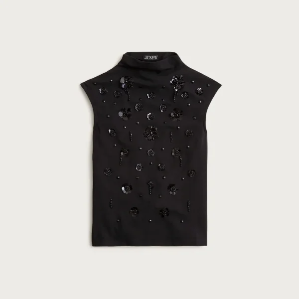 Stretch cotton-blend mockneck with floral embellishment