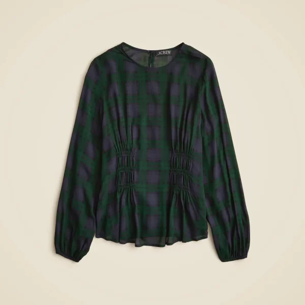 Chiffon shirred-waist top in Black Watch tartan