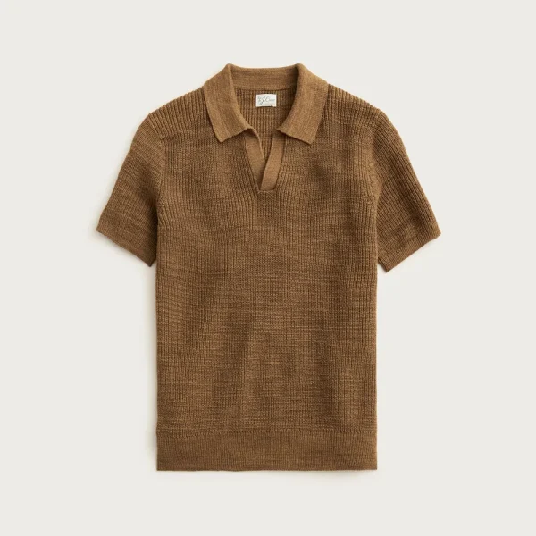 Short-sleeve linen-cotton blend johnny-collar sweater-polo