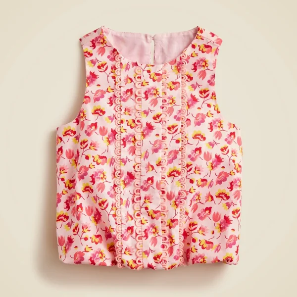 Girls’ bubble tank top in linen-cotton blend floral