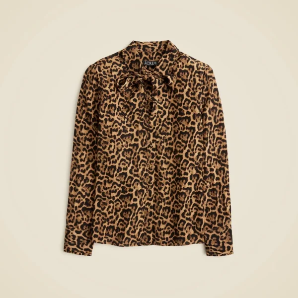 Removable tie-neck button-up shirt in leopard crepe de chine