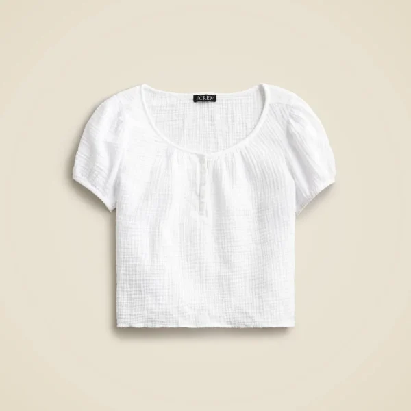 Puff-sleeve henley top in gauze