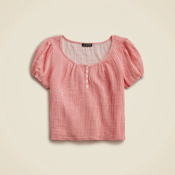 Puff-sleeve henley in striped gauze
