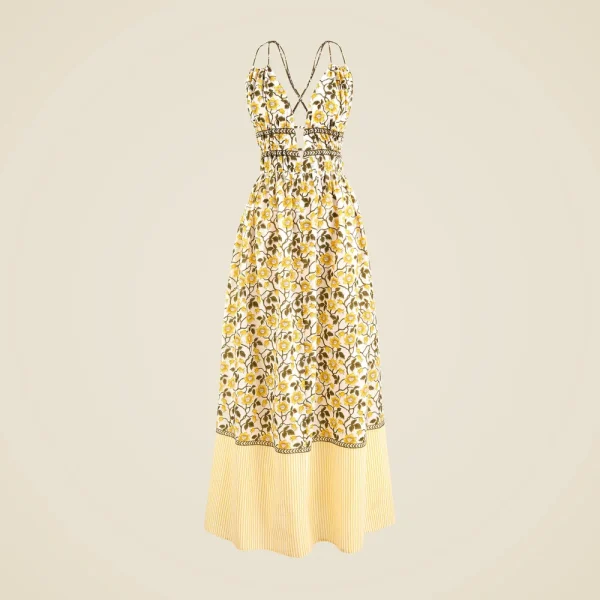 Cotton voile plunge maxi dress in daffodil daze block print
