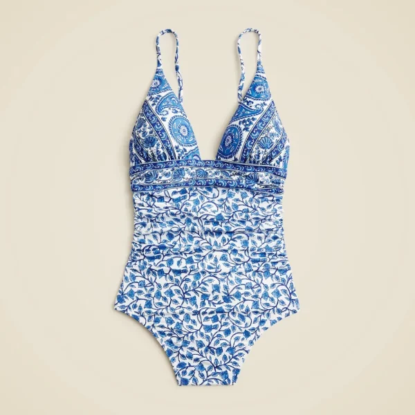 Ruched plunge one-piece in bandana block print