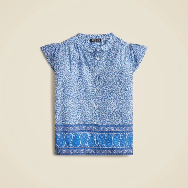 Flutter-sleeve button-up shirt in bandana block print