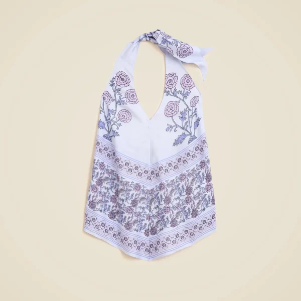 Open-back halter top in sunset rose block print