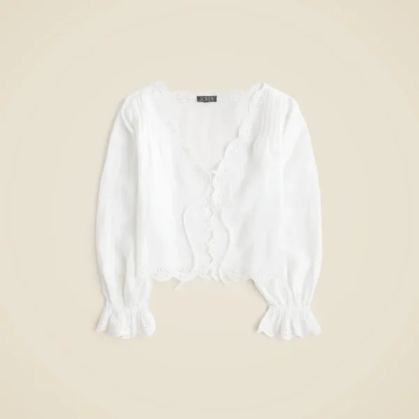 Scallop-trim tie-front top in ramie