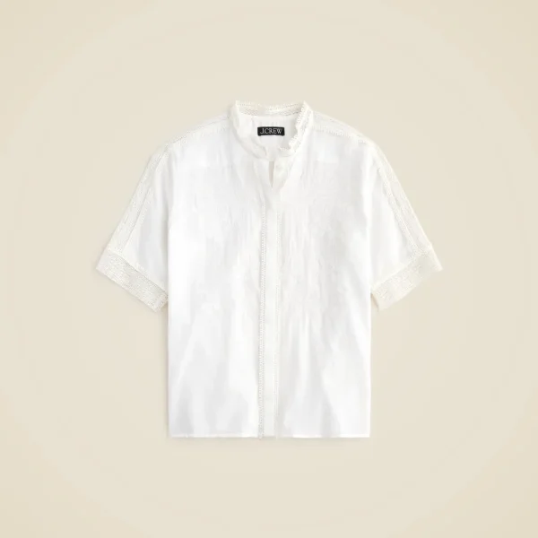 Embroidered lace-trim button-up shirt in cotton voile