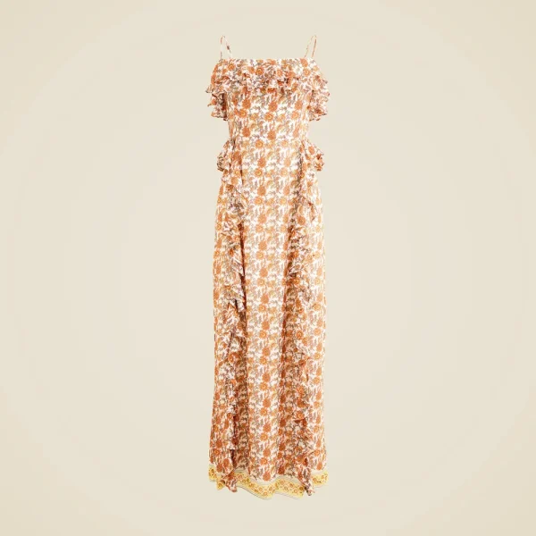 Collection cascading ruffle dress in sunset rose block print chiffon