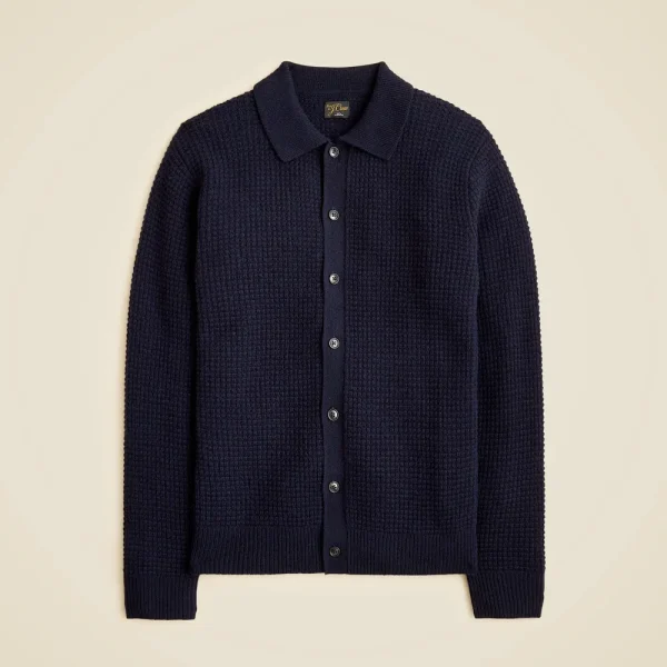 Midweight cashmere waffle-knit polo cardigan sweater