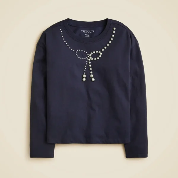 Girls’ long-sleeve embellished bow T-shirt with pearls