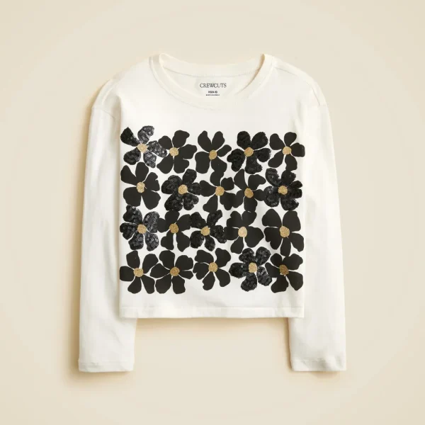Girls’ long-sleeve flower grid graphic T-shirt with sequins