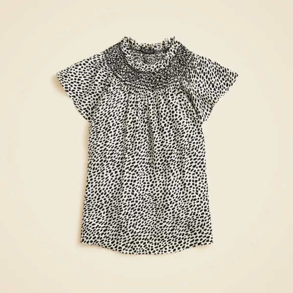 Smocked high-neck top in spot-print crepe de chine