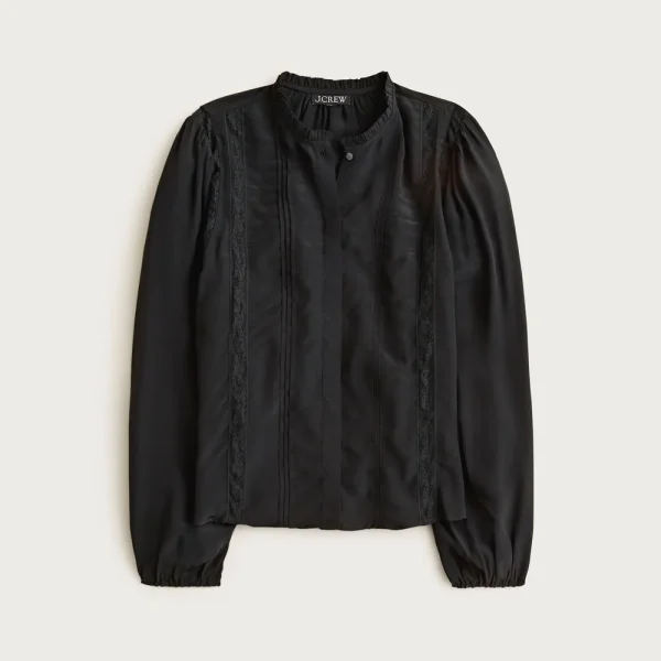 Lace-trim pintuck top in crepe de chine