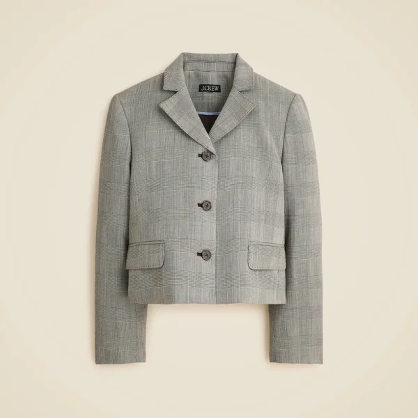 Cropped lady blazer in plaid Italian gauzy wool blend