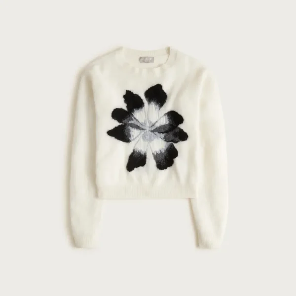 Brushed cashmere crewneck sweater with intarsia floral
