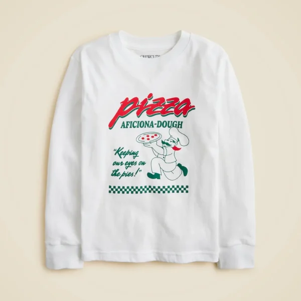 Kids’ long-sleeve “Pizza aficiona-dough” graphic T-shirt