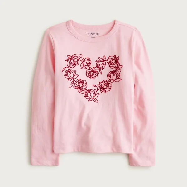 Girls’ long-sleeve rosette heart graphic T-shirt with flocking