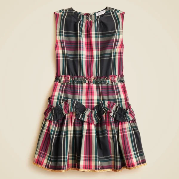Girls’ cotton poplin ruffle dress in Stewart tartan