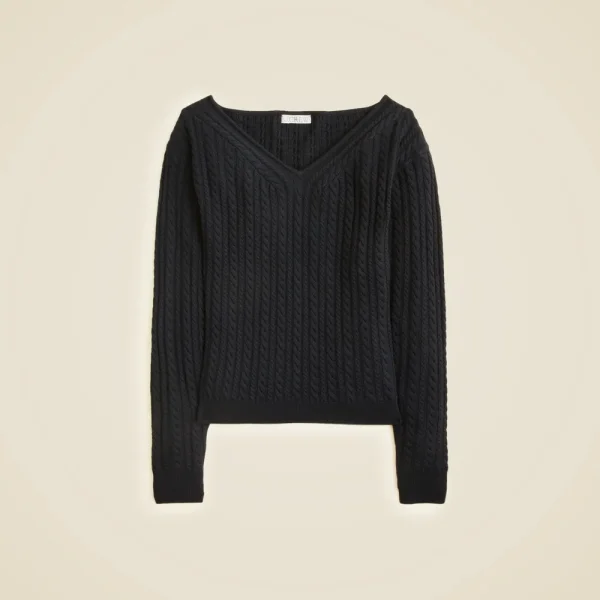 Cable-knit wide V-neck sweater in merino wool