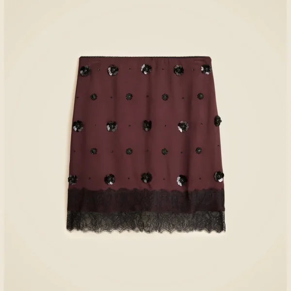 Collection embellished lace-trim mini skirt in luster charmeuse
