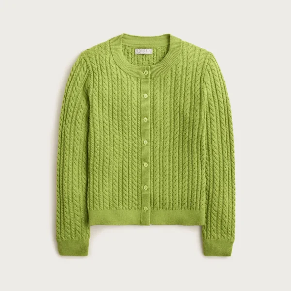 Cable-knit crewneck cardigan in merino wool