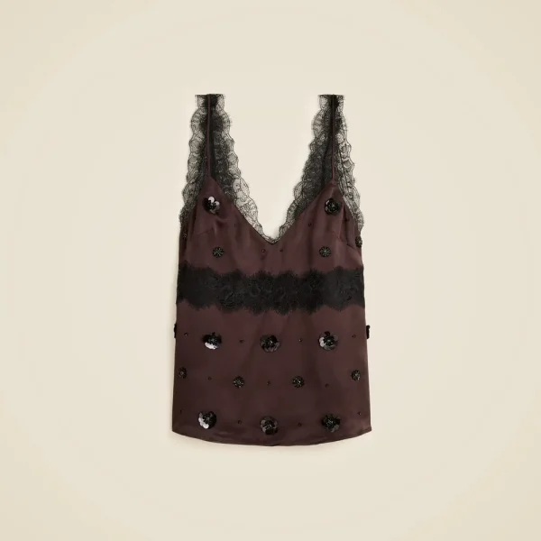 Embellished lace-trim tank top in luster charmeuse