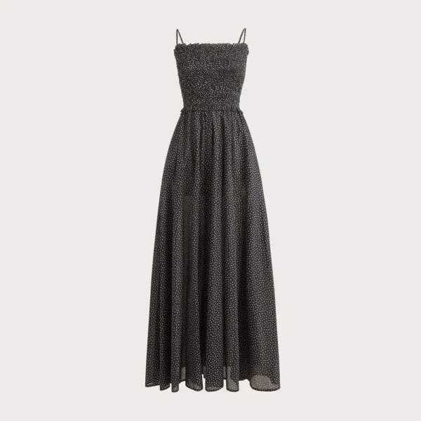 Smocked maxi dress in cotton voile dot print