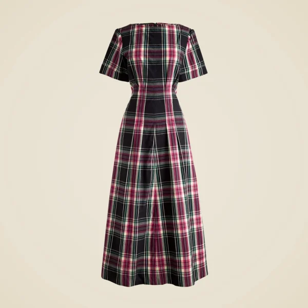 Short-sleeve midi dress in tartan cotton blend