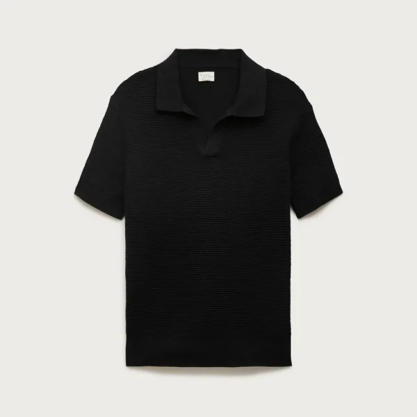 Short-sleeve cotton waffle-knit johnny-collar sweater-polo