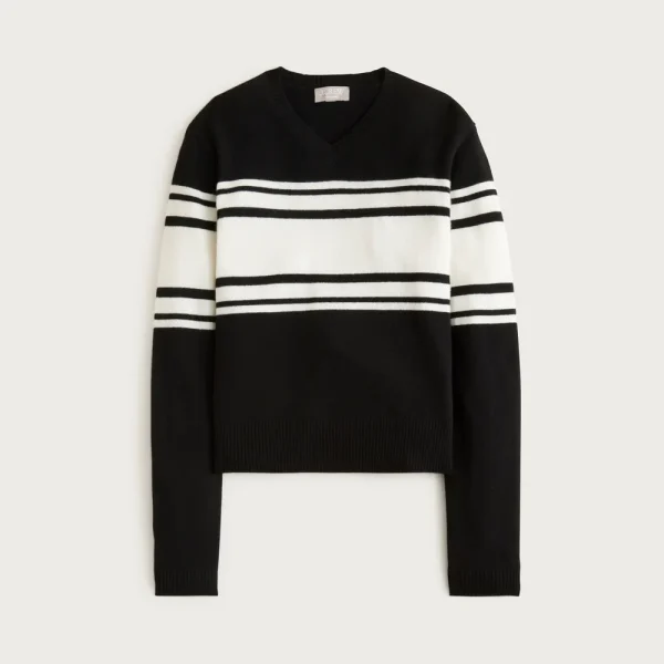 Cashmere high V-neck sweater in stripe