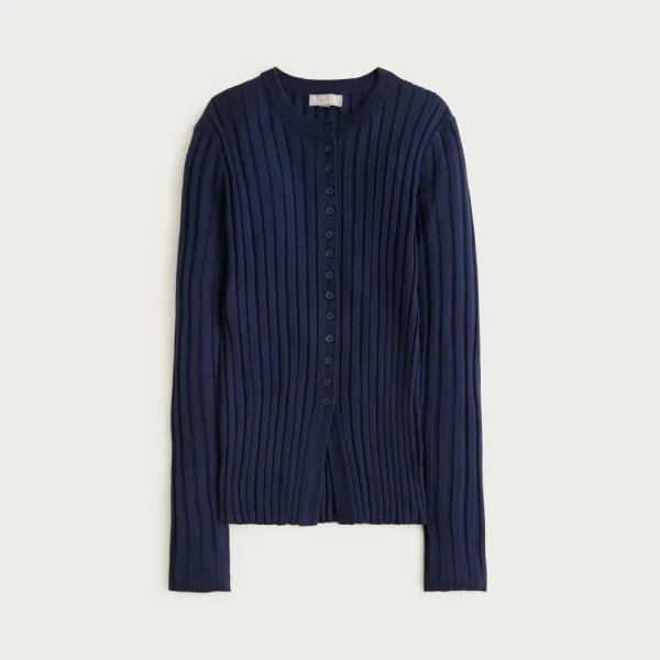 Wide-rib fitted cardigan top in merino wool