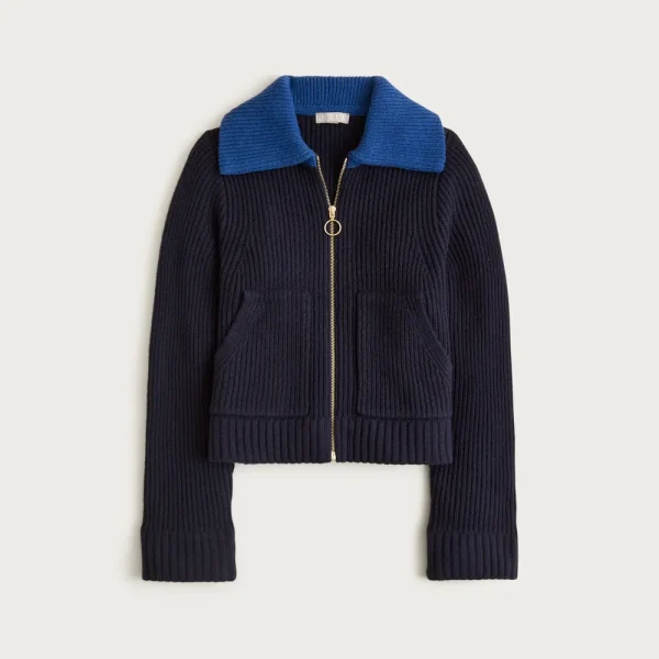 Colorblock collared full-zip sweater in wool