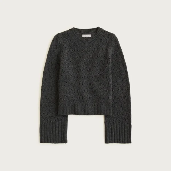 Wide-sleeve pointelle crewneck sweater in merino wool