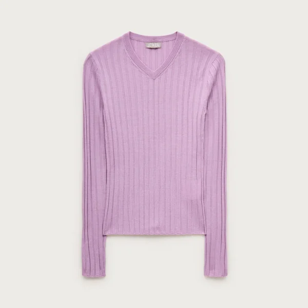 High V-neck fine rib sweater in merino wool with Lurex® metallic threads