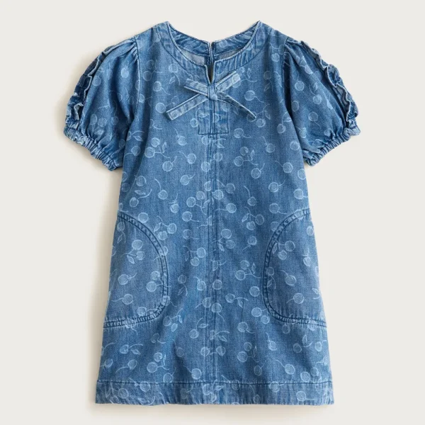 Girls’ puff-sleeve cherry dress in drapey denim