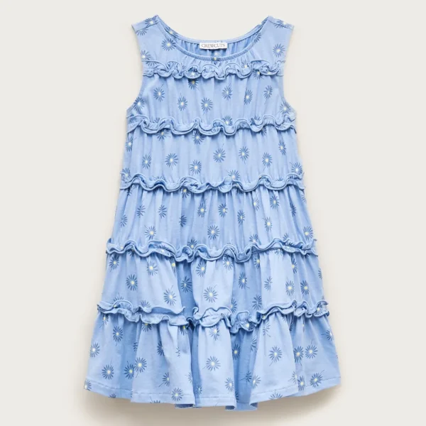 Girls’ tiered lettuce-edge dress in broken-in jersey