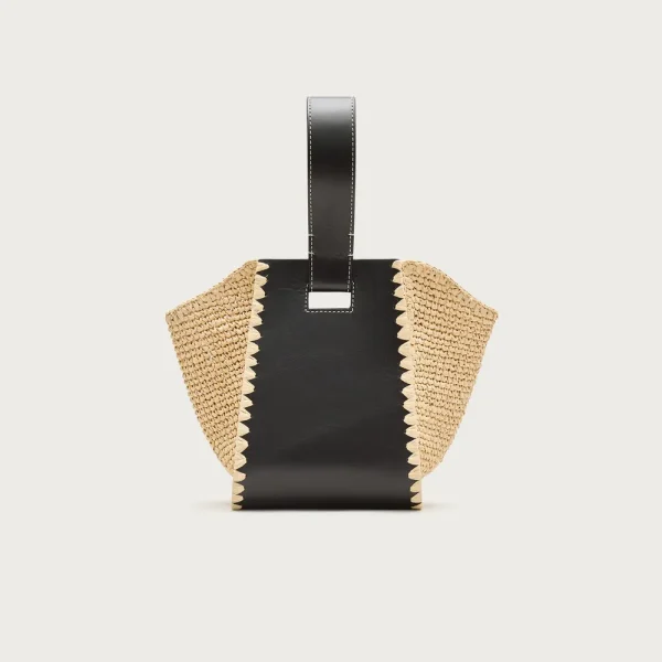 Top-handle bag in handknotted straw and leather