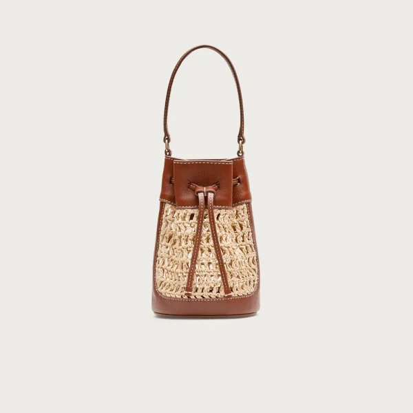 Drawstring bag in straw and leather