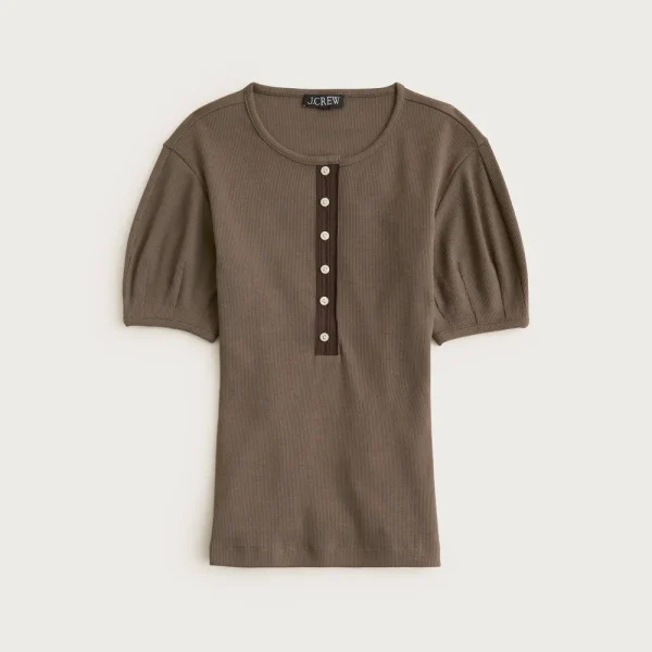 Perfect rib puff-sleeve henley shirt