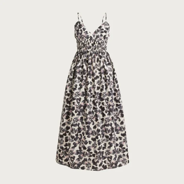 Smocked-waist V-neck dress in floral print
