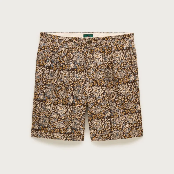 8″ pleated cotton-linen blend short in batik print