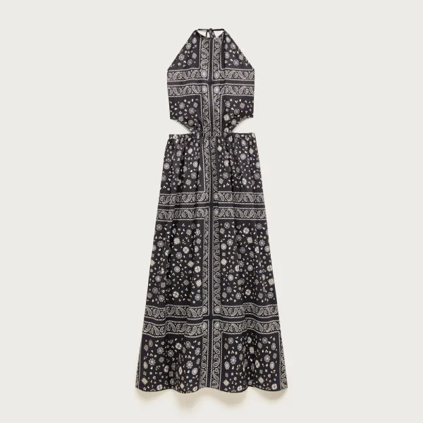 Side-cutout halter dress in bandana-print cotton poplin