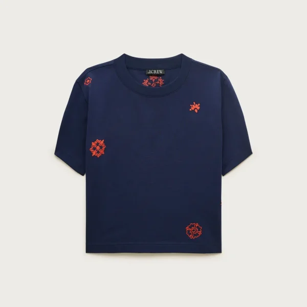 Boyfriend jersey relaxed cropped T-shirt with floral chain stitch