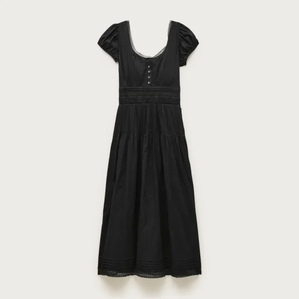 Lace-trim pintuck midi dress in cotton dobby