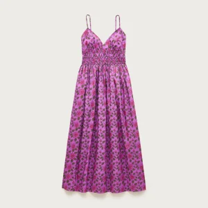 Smocked-waist V-neck dress in map print